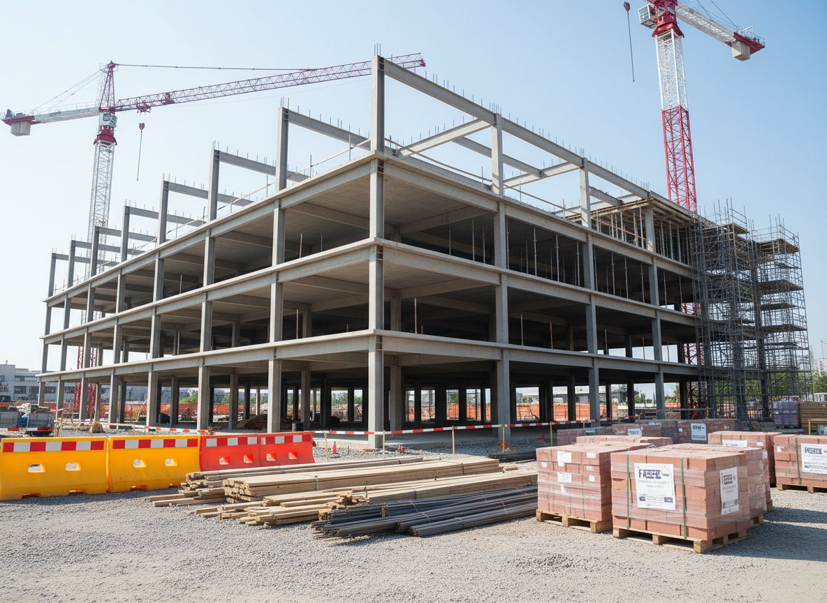A contemporary construction site for a mid-rise commercial building, shown in photographic realism. The steel framework rises in clean geometric lines, with freshly poured concrete slabs displaying smooth, pale gray surfaces and crisp edges. Stacks of neatly organized lumber, rebar bundles, and labeled pallets of bricks sit in the foreground on a compacted gravel base. Bright yellow and orange safety barriers define the perimeter. Captured at eye level under bright but slightly diffused midday sunlight, with subtle shadows defining structure depth. Tower cranes and scaffolding form a clear skyline against a soft blue sky. The mood is professional, orderly, and efficient, emphasizing reliability and organization in modern construction practices, with sharp focus throughout the frame and a clean, modern aesthetic.