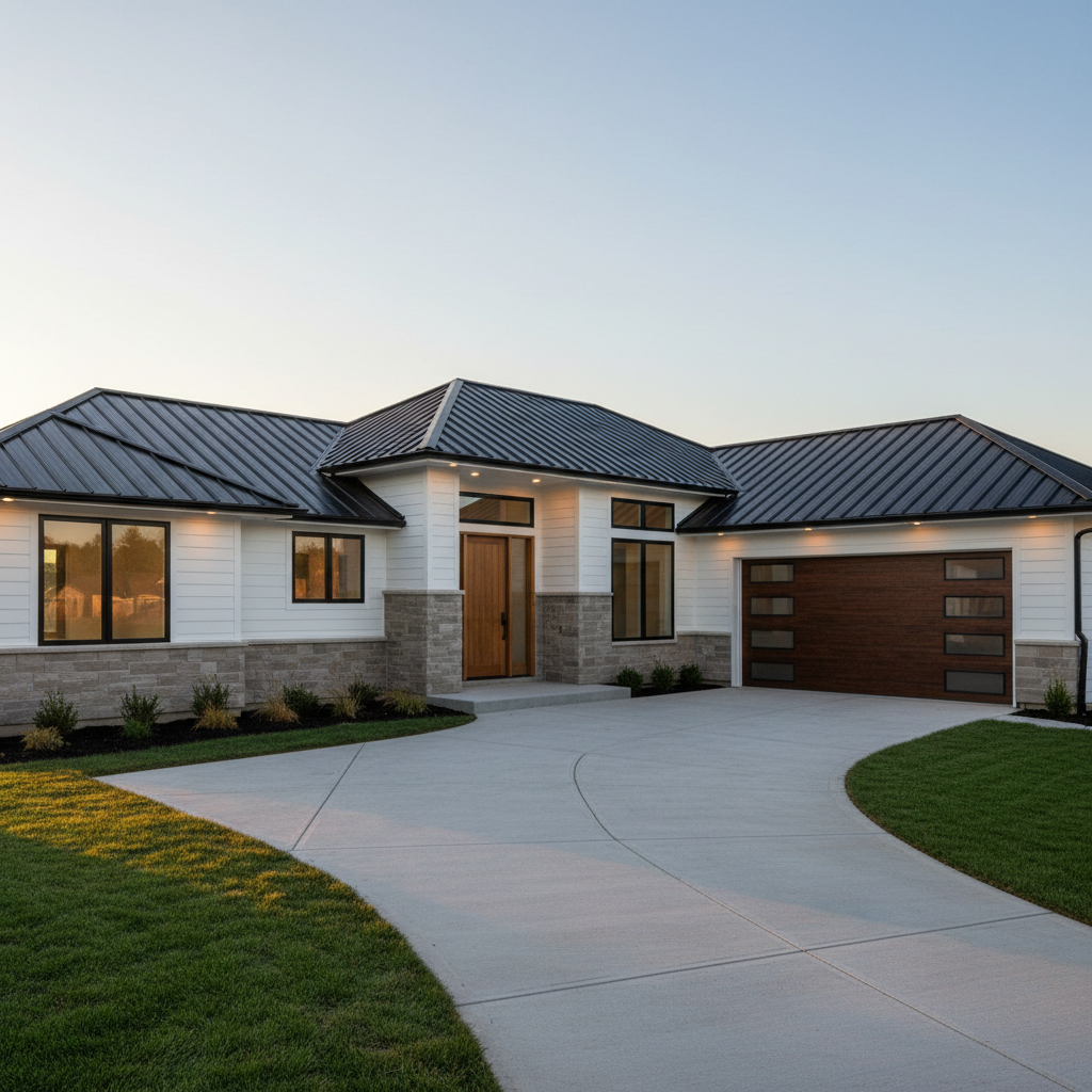 A completed modern residential home exterior, emphasizing high-quality construction details in photographic realism. The house features crisp white fiber-cement siding, dark charcoal standing-seam metal roofing, and large, energy-efficient black-framed windows. A precisely poured concrete driveway with clean expansion joints leads to a double garage door with a wood-look finish. The front entry showcases a solid oak door, carefully aligned stone veneer, and a perfectly level concrete step. Captured at a slightly elevated angle during golden hour, warm sunlight grazes the façade, highlighting textures and casting soft, elongated shadows across a manicured lawn and freshly mulched planting beds. The sky is clear with a faint gradient from soft blue to warm amber. The mood is welcoming, stable, and professional, reflecting reliable residential construction craftsmanship.