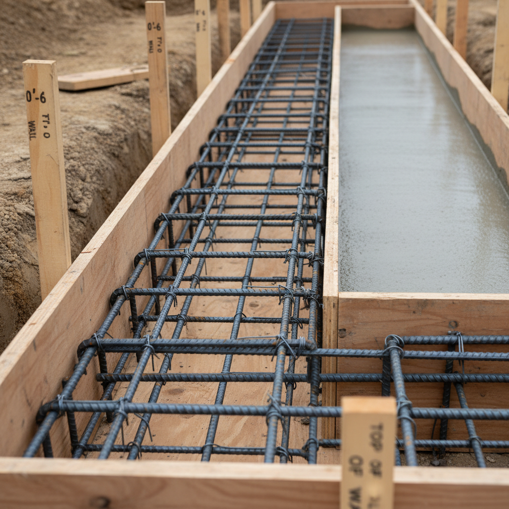 A detailed close-up of a reinforced concrete foundation system for a new residential build, captured in photographic realism. The image focuses on an immaculate network of steel rebar grids, tied at each junction with uniform wire twists, resting within a carefully formed trench lined with smooth plywood forms. Freshly poured concrete fills adjacent sections, its surface still slightly moist with a fine, even texture and precise levelness. Wooden grade stakes with clear measurement markings protrude from the compacted soil around the perimeter. Soft overcast daylight minimizes harsh shadows, highlighting subtle variations in materials. Shot from a low, slightly angled perspective to emphasize depth, the composition leads the eye along the foundation line. The mood is technical, dependable, and meticulous, showcasing the unseen structural quality that underpins reliable residential and commercial construction.
