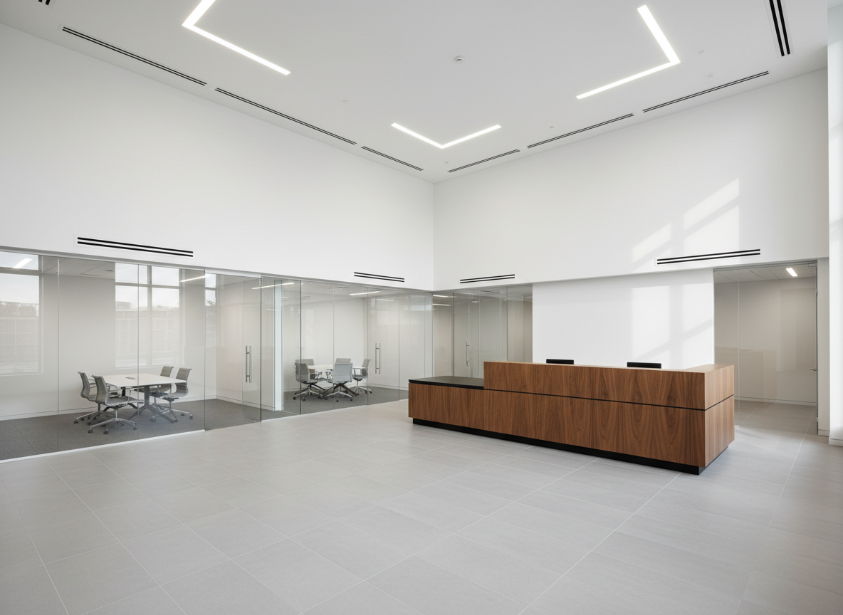 A meticulously finished commercial office lobby showcasing high-end construction quality in photographic realism. The space features a double-height ceiling with smooth white drywall, crisp shadow reveals, and recessed linear LED lighting washing evenly across the surfaces. The floor is a flawless expanse of large-format, light gray porcelain tiles with razor-straight grout lines. A custom-built reception desk of warm walnut veneer and matte black metal accents anchors the foreground, its edges perfectly aligned and seams nearly invisible. Full-height glass partitions with brushed stainless-steel hardware define adjacent conference rooms, reflecting soft, natural daylight pouring in from unseen windows. Captured from an eye-level, wide-angle perspective with sharp focus, the mood is polished, professional, and trustworthy, emphasizing the sophistication and reliability of commercial interior construction and fit-out services.