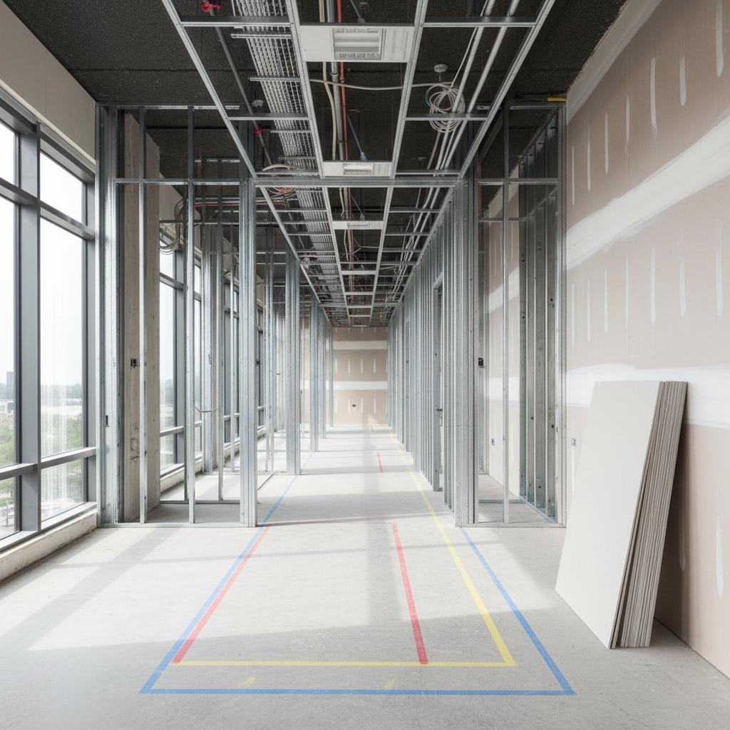 A bright, organized commercial interior under construction, shown in photographic realism. The space features exposed metal stud framing forming clean, parallel corridors, with neatly routed electrical conduit and network cabling secured at regular intervals along the ceiling. Smooth, newly hung drywall sheets lean against a wall, edges perfectly aligned. The concrete subfloor is swept clean, with marked layout lines in vivid chalk colors guiding future partitions. Overhead, a grid of suspended ceiling tracks is partially installed, with integrated LED light housings waiting for panels. Large floor-to-ceiling windows on one side flood the space with soft, natural light, creating gentle reflections on metal surfaces and subtle shadows along the framing. Shot from an eye-level perspective down a central corridor, the mood is orderly, methodical, and forward-looking, emphasizing precision in commercial build-outs.