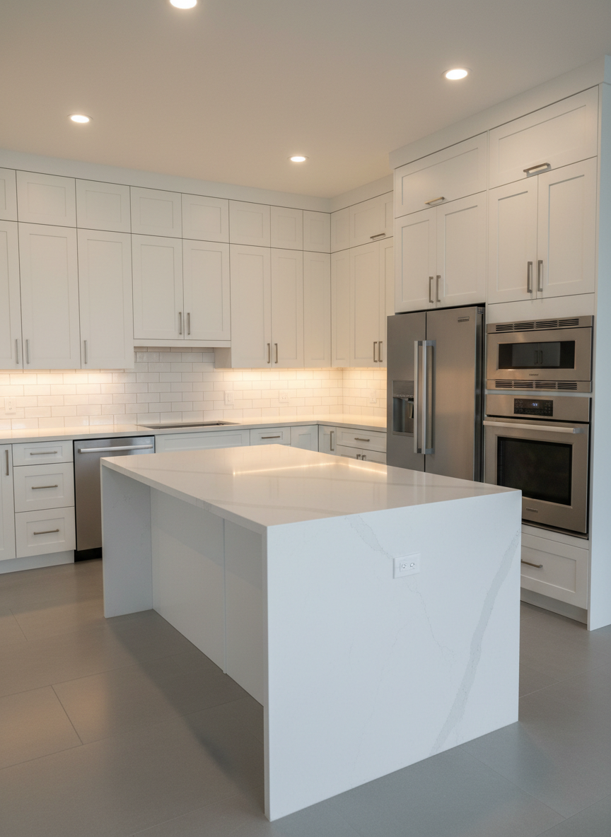A precision-built residential kitchen interior that highlights craftsmanship and construction detail in photographic realism. The kitchen features perfectly aligned, flat-panel cabinets in a soft matte white finish with clean, linear brushed-nickel hardware. A solid quartz countertop with subtle veining spans a large island, its waterfall edges meeting the floor in crisp, square lines. The backsplash is a grid of small, glossy white tiles, each impeccably spaced and grouted. Under-cabinet LED lighting casts a warm, even glow across the counters, while recessed ceiling lights provide balanced overall illumination. Premium stainless-steel appliances fit seamlessly within framed openings, with zero gaps or misalignments. Captured from a slightly elevated angle showing both island and wall run, the mood is calm, refined, and precise, underscoring the reliability of professional residential construction and renovation.